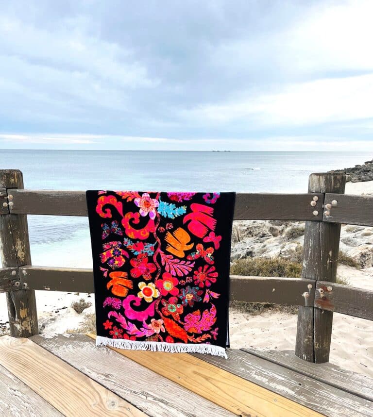 Beach towel black with pink and orange