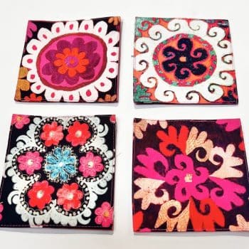 Canvas Coasters Karabagh Black Pink and Red Suzani Ikat