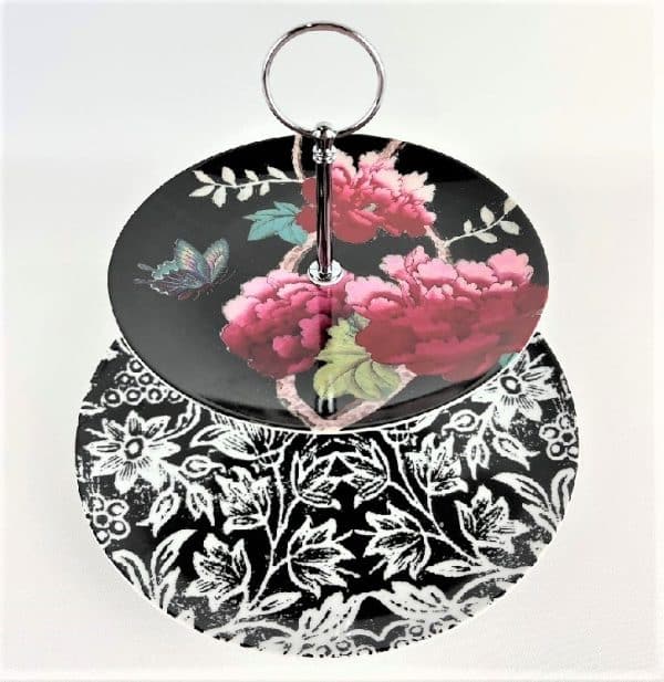 Cakestand 2 tier Black with butterfly and peonies