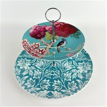 Cakestand 2 tier turquoise with butterfly and peonies