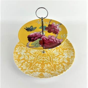 Cakestand 2 tier Saffron Yellow with butterfly and peonies