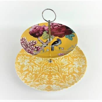 Cakestand 2 tier Saffron Yellow with butterfly and peonies