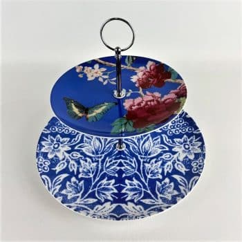 Cakestand 2 tier cornflower blue with butterfly and peonies