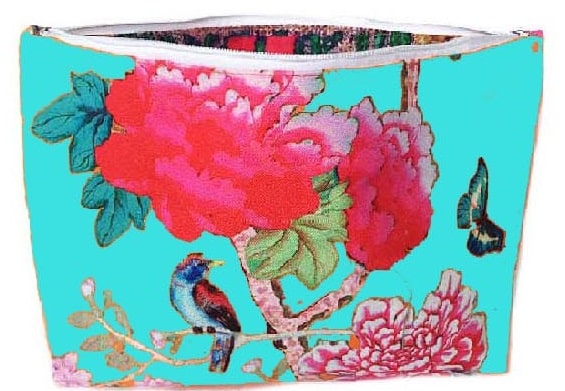 canvas make up bag turquoise birds printed waterproof lining