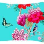 Velvet Rectangle Cushion Turquoise Bird pink peonies