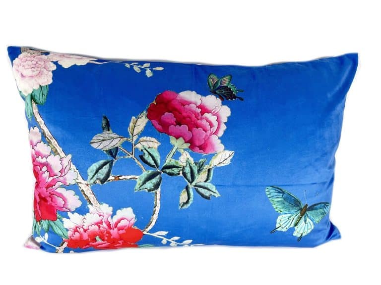 Beautiful Rectangle Velvet Cushion Cornflower Blue with Butterflies and Peonies