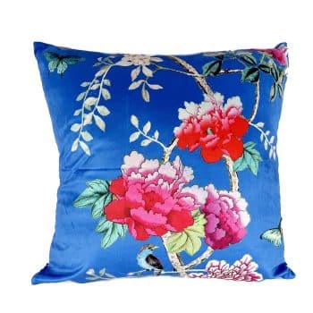 Velvet Square Cushion Cornflower Blue with Peonies and Birds