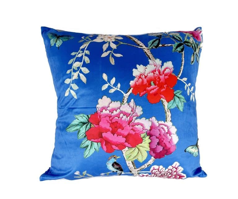 Velvet Square Cushion Cornflower Blue with Peonies and Birds