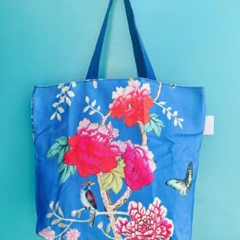 Canvas Shoulder Bag with pocket cornflower Blue bird and peonies