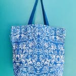 Canvas Shoulder Bag with pocket cornflower Blue bird and peonies