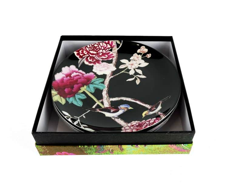 Dessert Plates Black set of 4 with peonies and birds