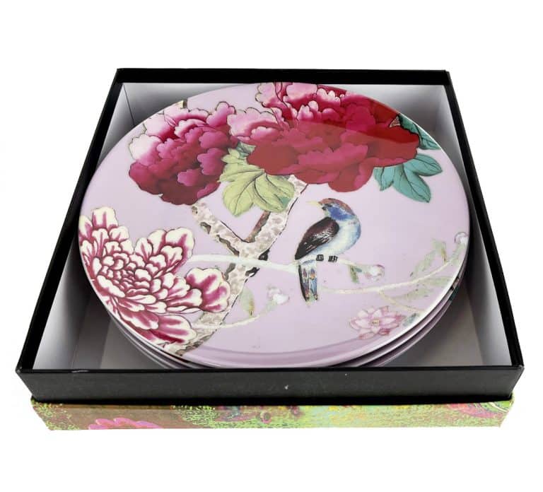 Dessert Plates Pink set of 4 with peonies and birds