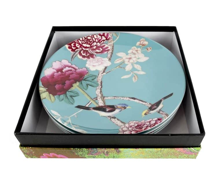 Dessert Plates Turquoise set of 4 with peonies and birds