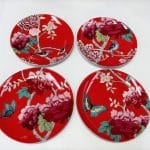 Set of 4 Watermelon Red Dessert Plates with Birds and Peonies