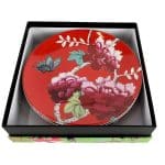 Dessert Plates set of 4 Watermelon Red with Bird and Peonies