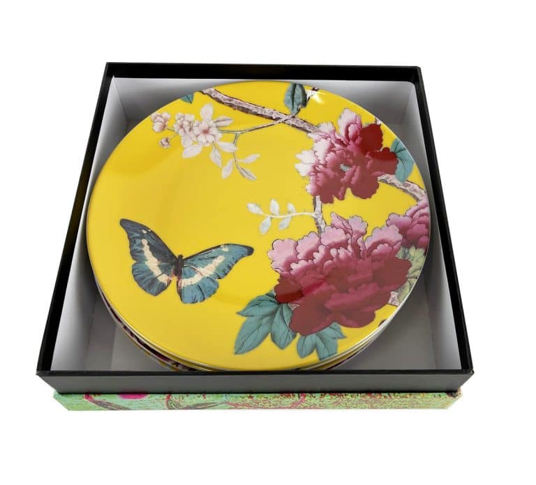 Dessert Plates Saffron Yellow set of 4 with peonies and birds