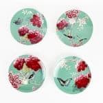 Dessert Plates set of 4 Mint Green with with Bird and Peonies
