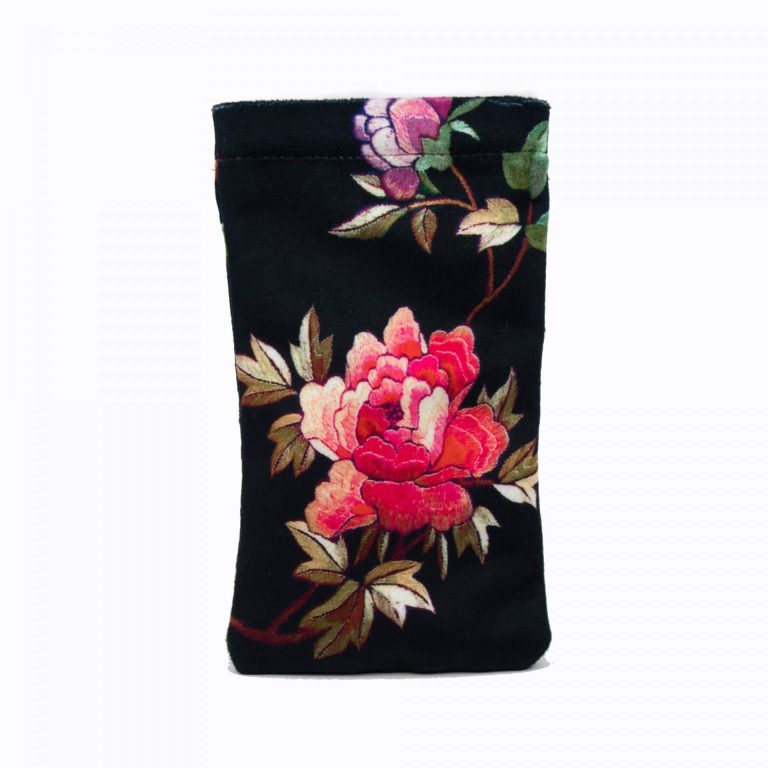 Velvet Glasses Case- Black Peony black with pink flowers