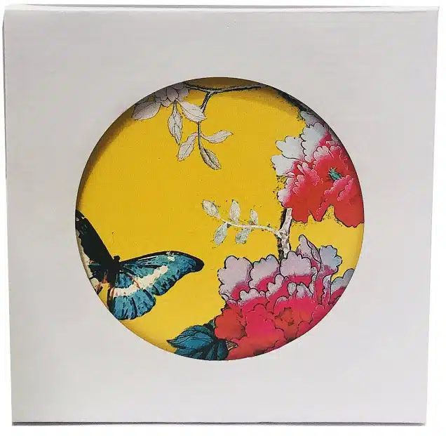 Ceramic Trivet Yellow with Peonies and Butterfly