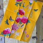 Cotton Tea Towel Saffron Bird bright yellow with peonies and butterflies