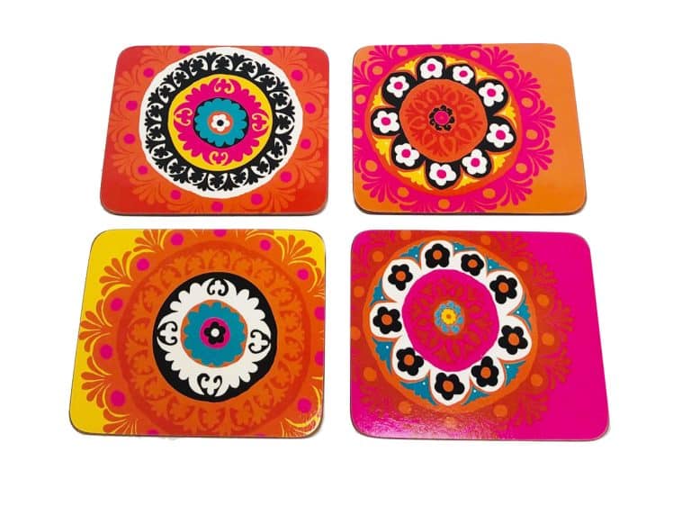 Cork Coasters Suzani Orange and Pink set of 4 bright and colourful homewares and gifts australia