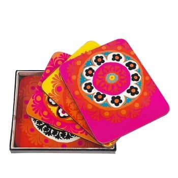 set of 4 suzani cork coasters gift boxed funky and colourful