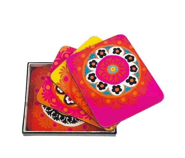 set of 4 suzani cork coasters gift boxed funky and colourful