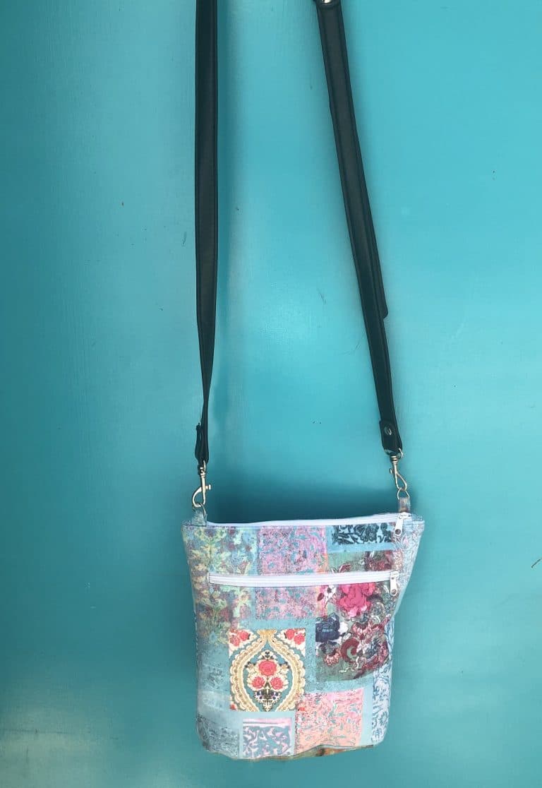 Leather Handle velvet Bag in Turquoise satin lined two zippers