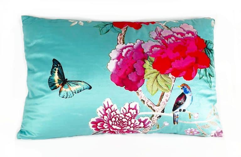 Velvet Cushion Rectangle Turquoise with Bird and Peonies