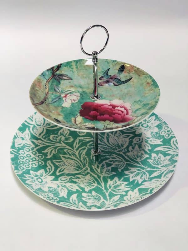 Cakestand Green with pink peonies and bird homeware shops perth