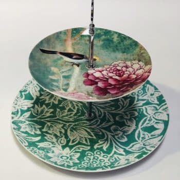 Cakestand Green with pink peonies and bird anna chandler design