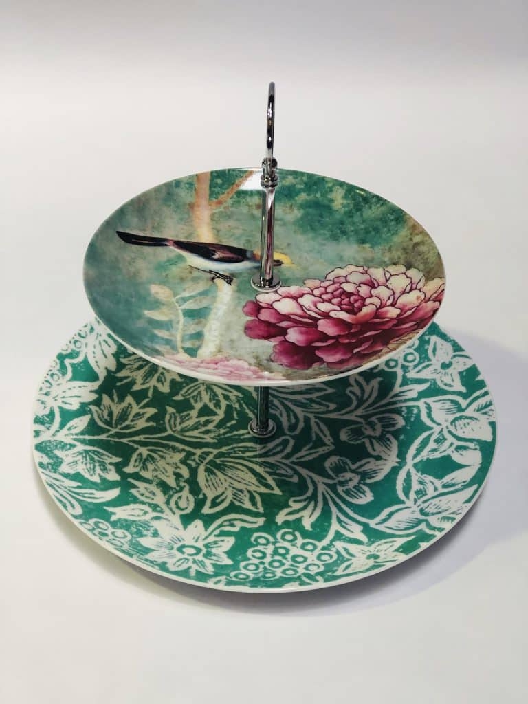 Cakestand Green with pink peonies and bird anna chandler design