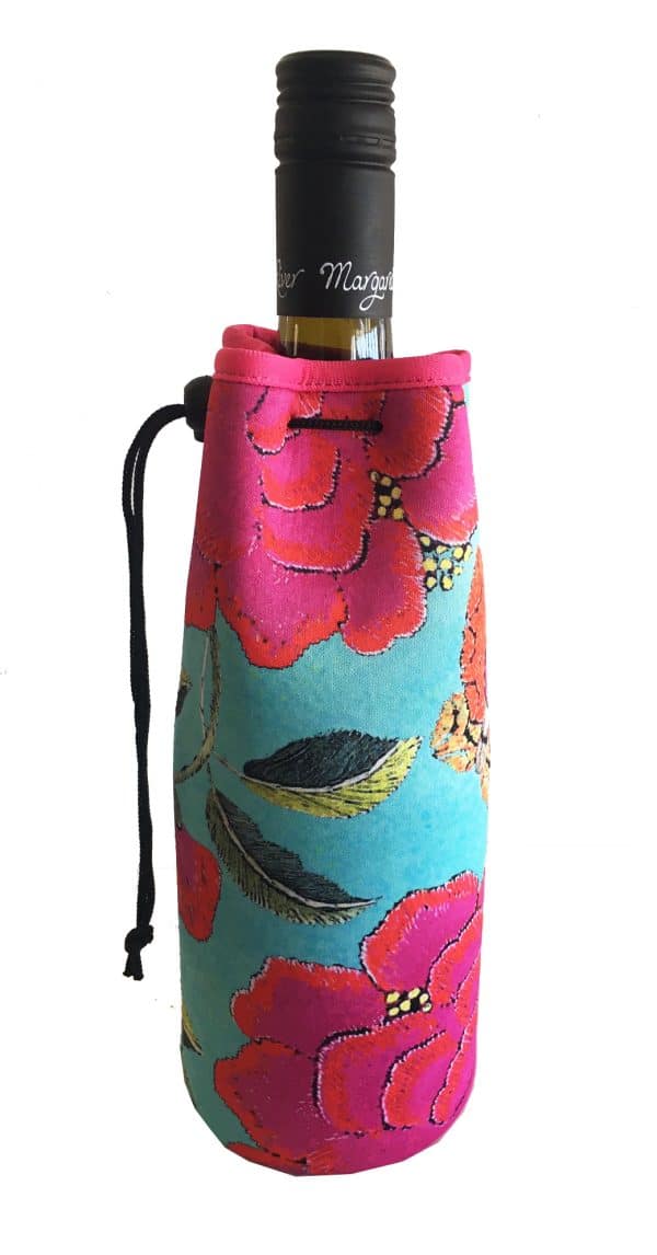Neoprene Bottle Bag Turquoise with Big Peonies bright and colourful best gift shops perth