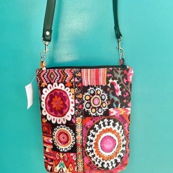 Leather Handler Velvet Bag with pocket and zip in Karabagh design black pink and red