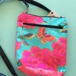 Velvet Shoulder Bag Big Pink Peony on Turquoise leather handle satin lined two zippers