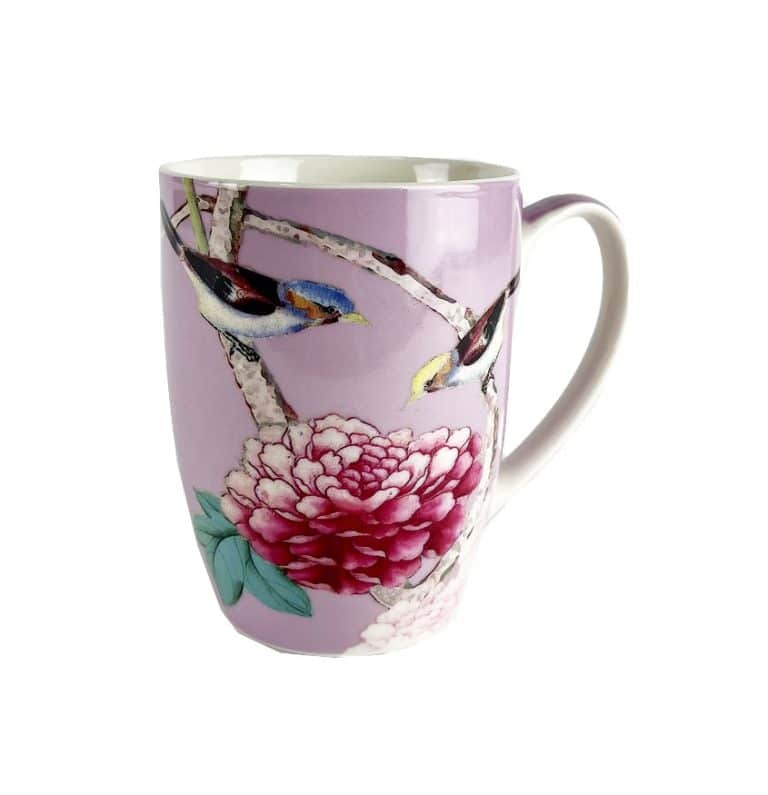 Coffee Mugs Pink with bird and peonies