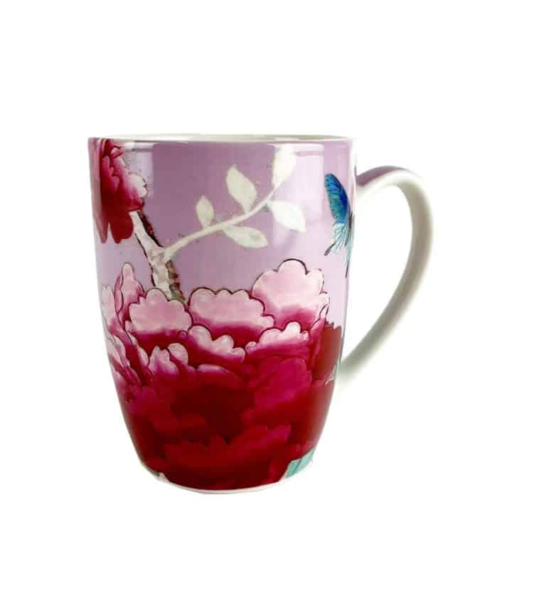 Coffee Mugs Pink with bird and peonies