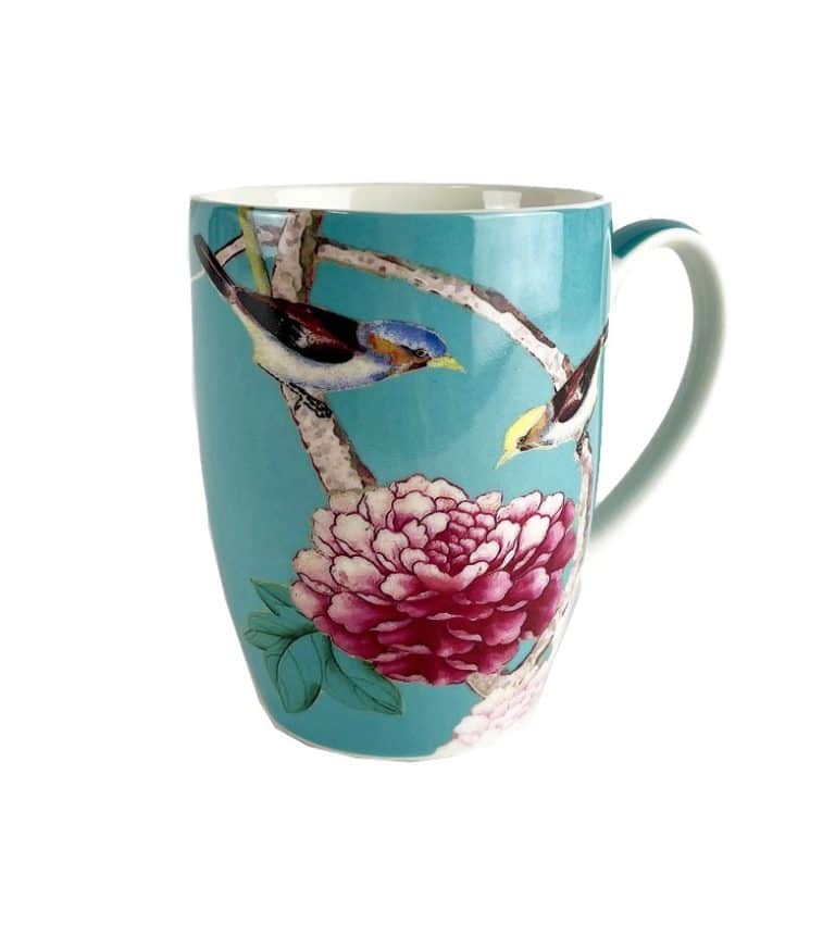 Coffee Mugs Turquoise with bird and peonies