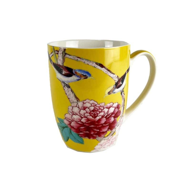 Coffee Mugs Saffron Yellow with bird and peonies