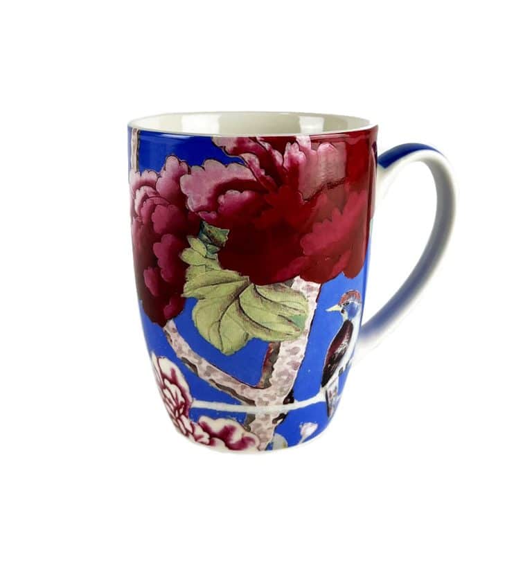 Coffee Mugs Cornflower Blue with bird and peonies