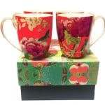 Bone china mugs Watermelon Red with birds and peonies gift boxed