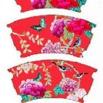 Bone china mugs set of four Watermelon Red with birds and peonies gift boxed