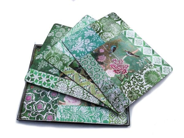 Coir Placemat Chinoiserie Green with Birds and Peonies gift box