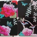 Cork Coasters Black with birds and peonies