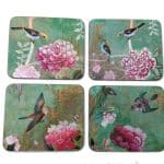 Coir Coasters Chinoiserie Green with Birds and Peonies set of four soft green