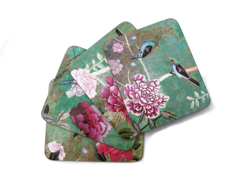 Coir Coasters Chinoiserie Green with Birds and Peonies boxed anna chandler design homeware shops perth