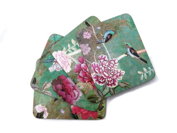 Coir Coasters Chinoiserie Green with Birds and Peonies