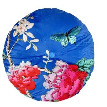 Round Velvet Cushion Cornflower Blue with Peonies and Butterflies