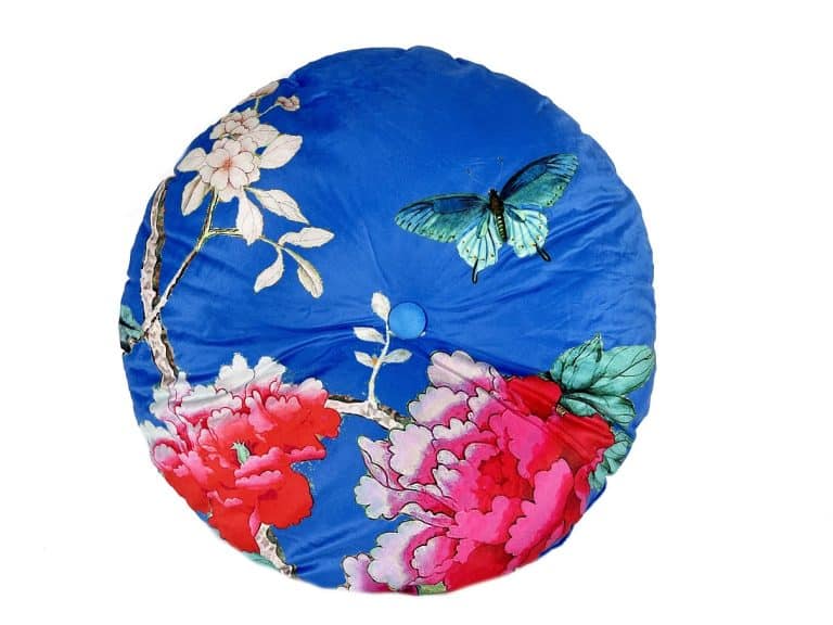 Round Velvet Cushion Cornflower Blue with Peonies and Butterflies