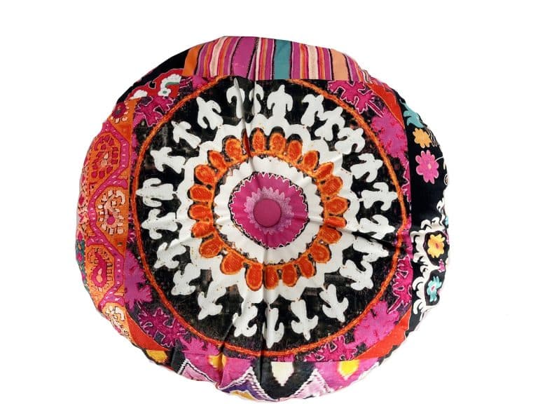 Velvet Round Cushion Karabagh black with pink and red